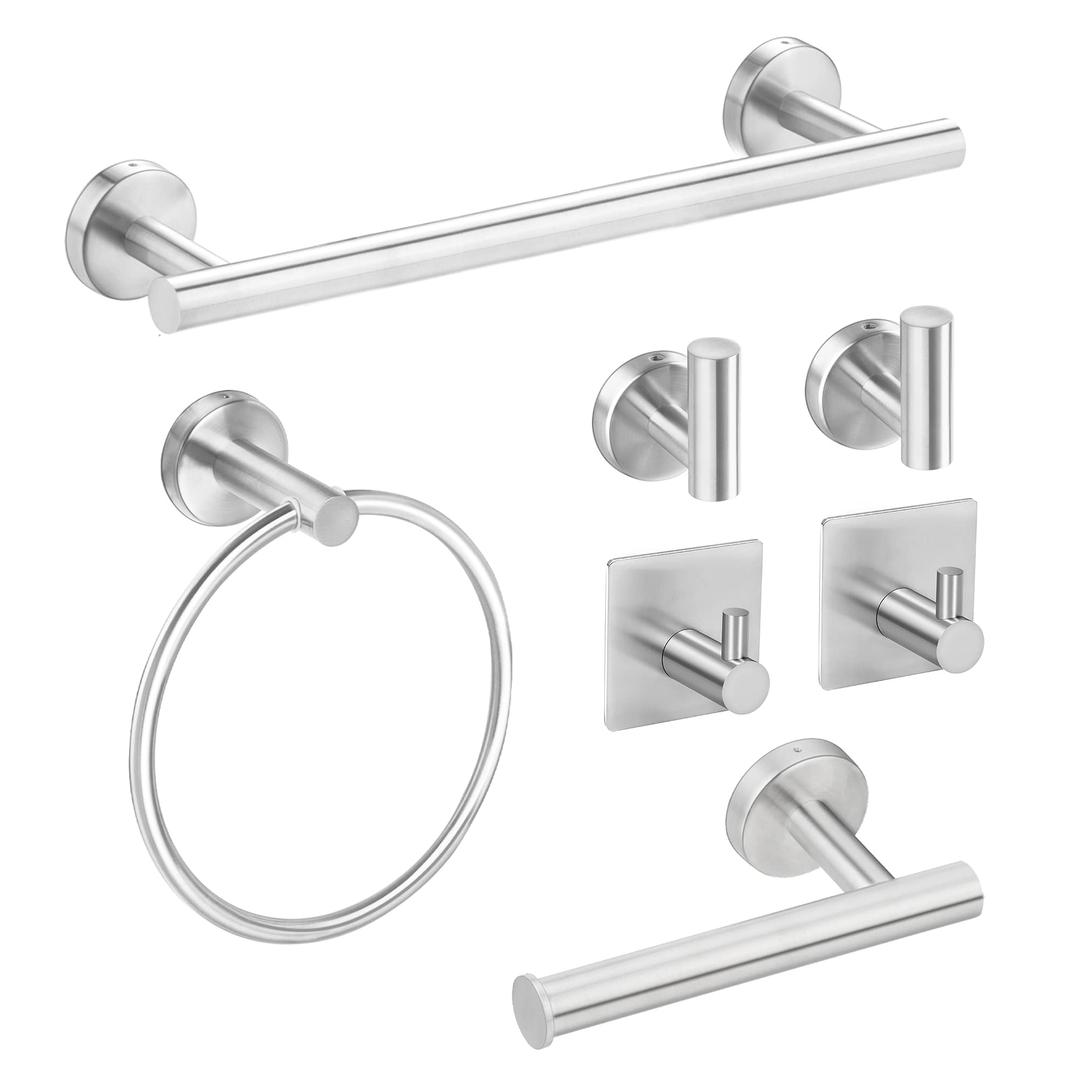 Bathroom Hardware Set, 7 Piece Towel Bar Set Brushed Nickel Bathroom Accessories Set Wall Mount Include 16'' Hand Towel Bar, Toilet Paper Holder, Towel Ring, 4 Robe Towel Hooks