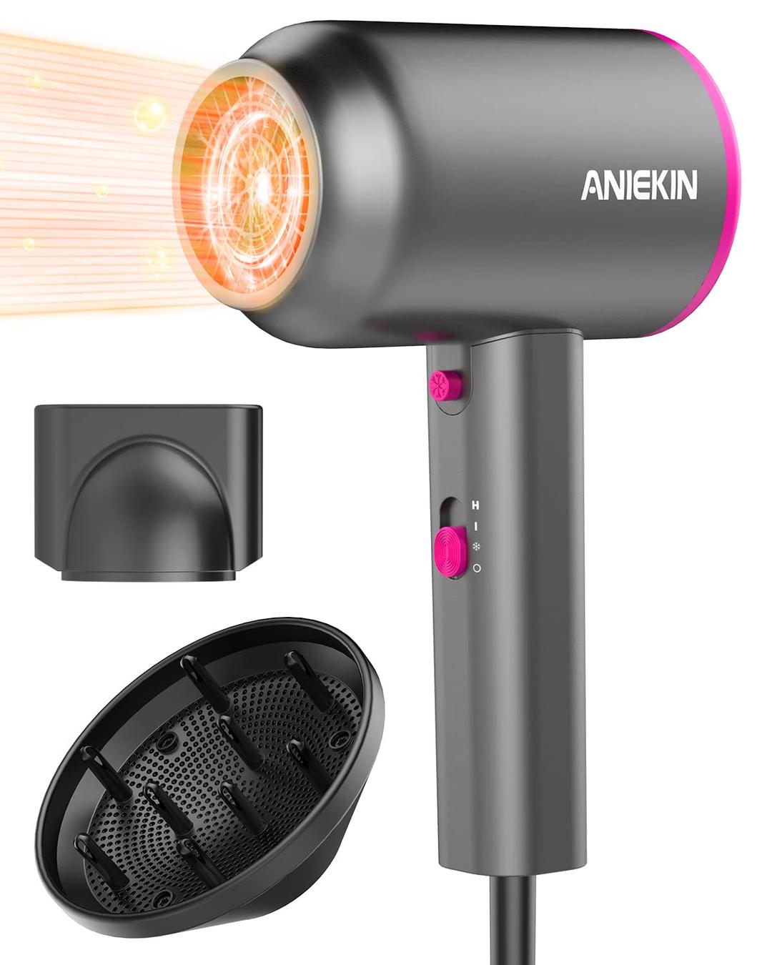 ANIEKIN Hair Dryer, 1875W Ionic Blow Dryer with Diffuser, Professional Portable Hair Dryers & Accessories for Women Curly Hair, Light Grey