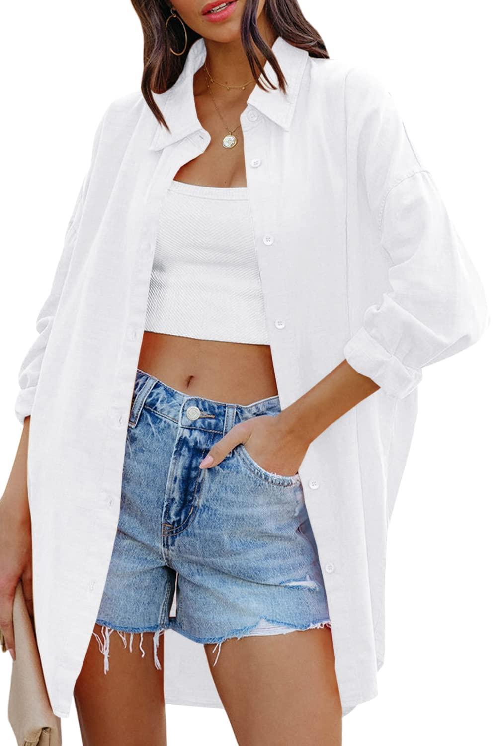 FSHAOESWomens Oversized Button Down Shirts Casual Loose Long Sleeve Solid Lapel Long Blouses Tops with Pockets