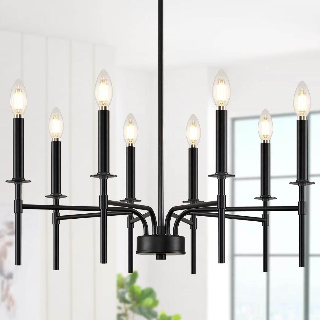 8 Light Modern Black Chandelier Light Fixture,Farmhouse Chandeliers for Dining Room Lighting Fixtures Over Table,Round Iron Candle Chandelier for Kitchen Living Room Foyer Entryway