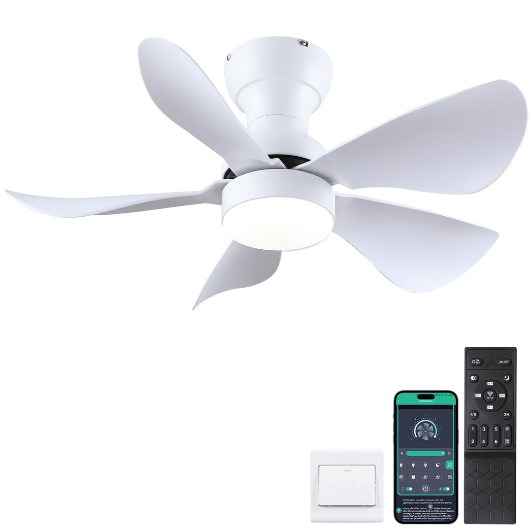 Ceiling Fans with Lights and Remote/APP Control, 30 inch Low Profile Ceiling Fans with 5 Reversible Blades 3 Colors Dimmable 6 Speeds Ceiling Fan for Bedroom Kitchen Dining Room, White