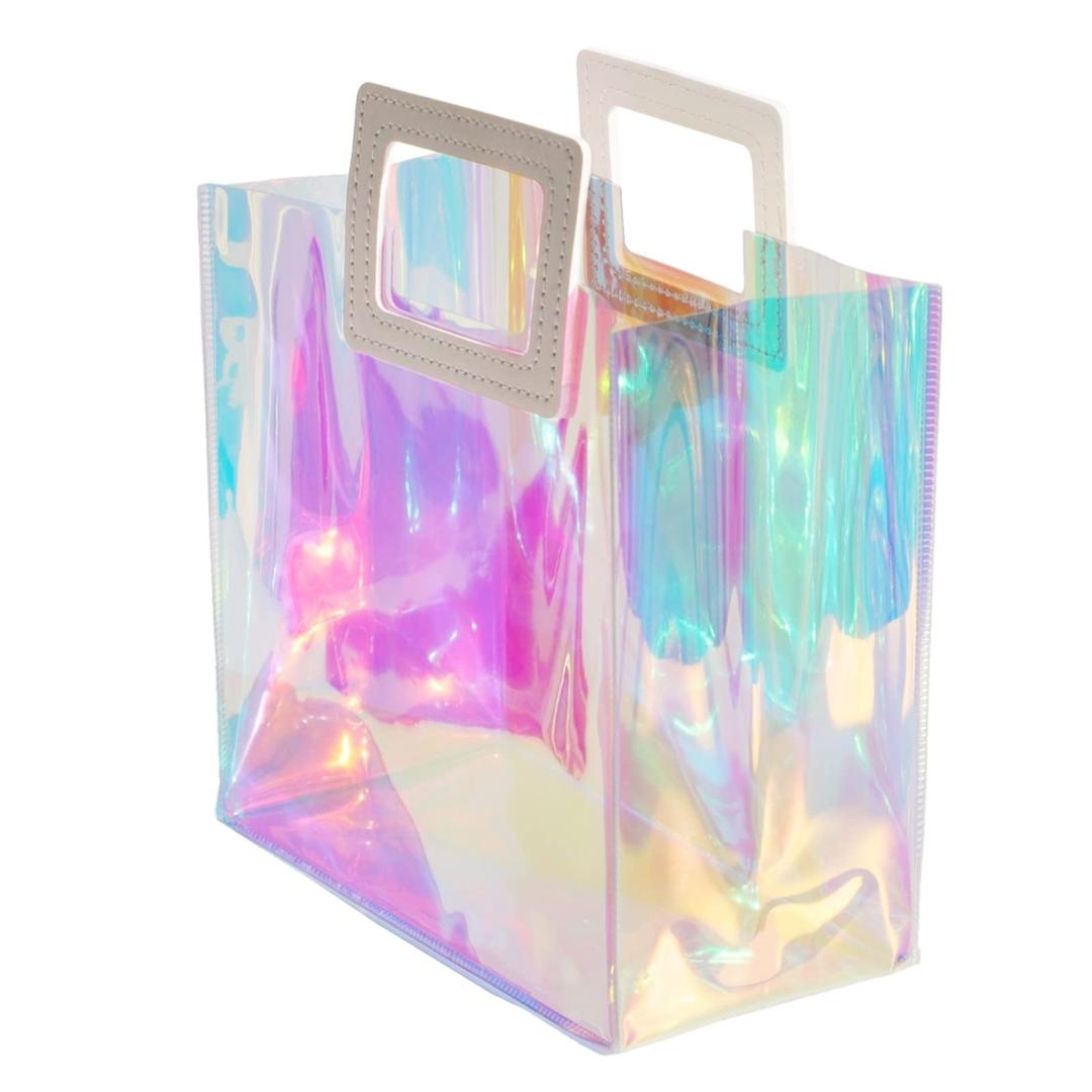 VUOJUR Holographic Small Gift Bag 8.3x8x4'' Clear Reusable Birthday Gift Bag for Women Girls Iridescent Christmas Wedding Gift Bag with Handle