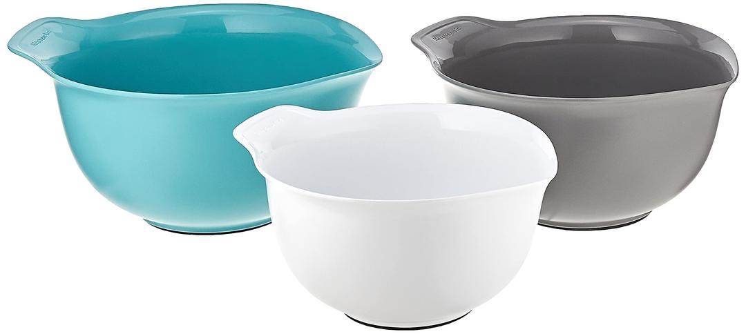 KitchenAid Universal Nesting Plastic Mixing Bowls, Set Of 3, 2.5 quart, 3.5 quart, 4.5 quart, Non Slip Base with Easy Pour Spout to Reduce Mess, Dishwasher Safe, Aqua Sky, White, Gray