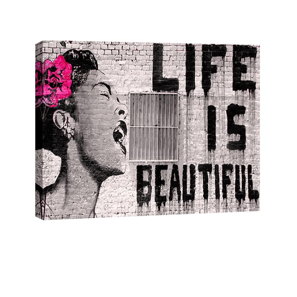 Wieco Art Banksy Life is Beautiful Modern Gallery Wrapped Giclee Canvas Prints Artwork Grey Love Abstract Pictures Paintings on Canvas Wall Art Ready to Hang for Bedroom Home Office Decorations