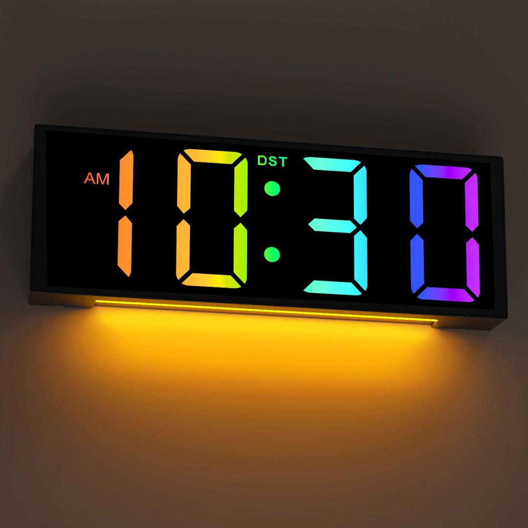 Large Digital Wall Clock with Remote Control, 12'' Wall Digital Clock with 8 RGB Colors, LED Screen Display, DST, Night Light, Big Wall Clock for Bedroom, Living Room, Garage, Gift for Elderly