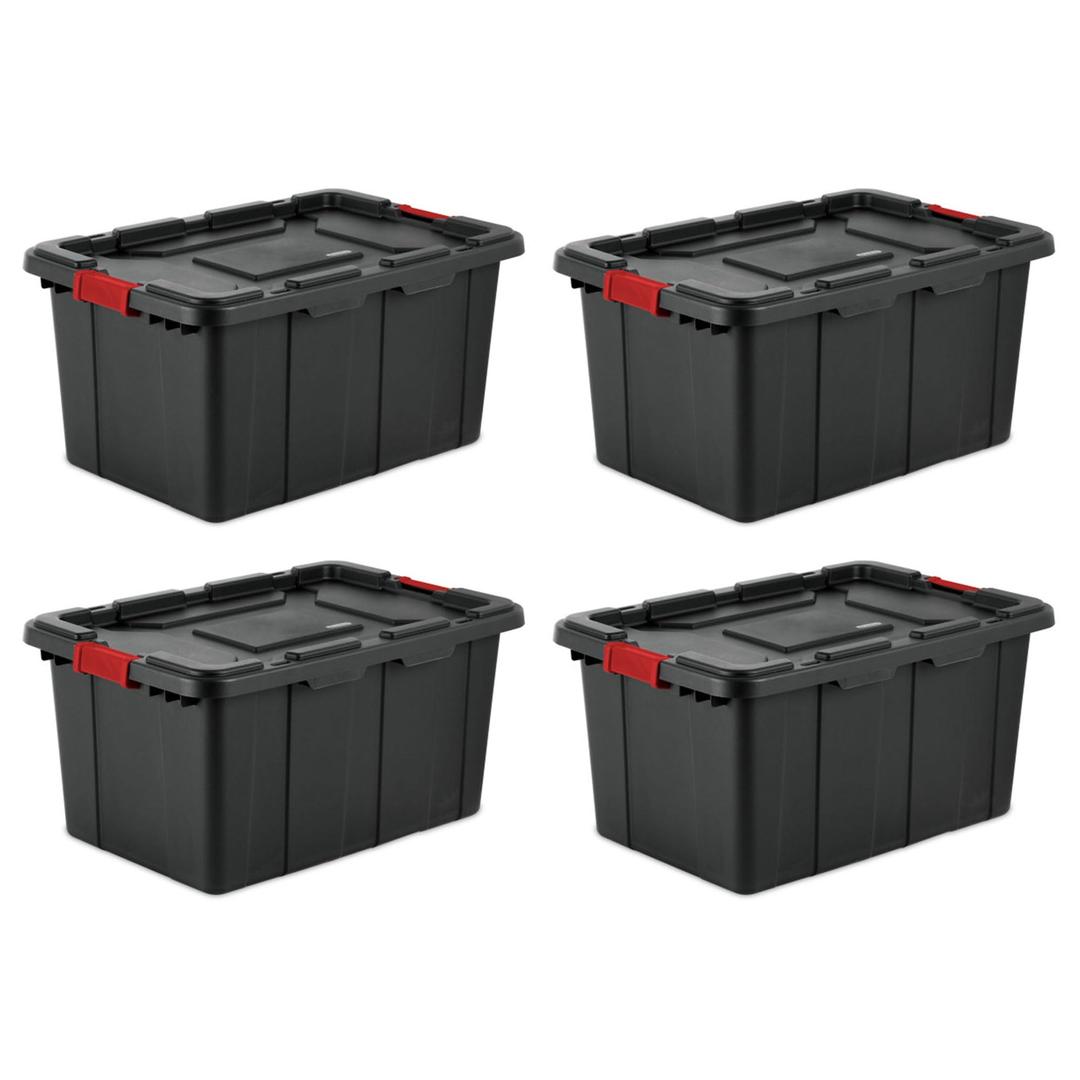 Sterilite 27 Gal Industrial Tote, Stackable Storage Bin with Latching Lid, Plastic Container with Heavy Duty Latches, Black Base and Lid, 4-Pack