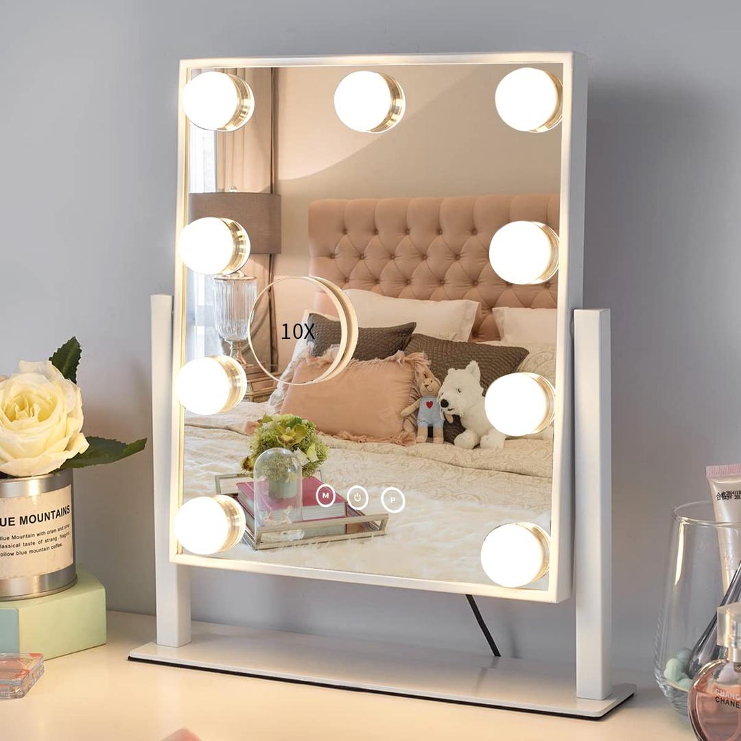 Vanity Mirror with Lights,Lighted Vanity Mirror with 9 Dimmable Bulbs for Dressing Room & Bedroom 3 Color Lighting Modes Detachable 10x Magnification 360°Ratation