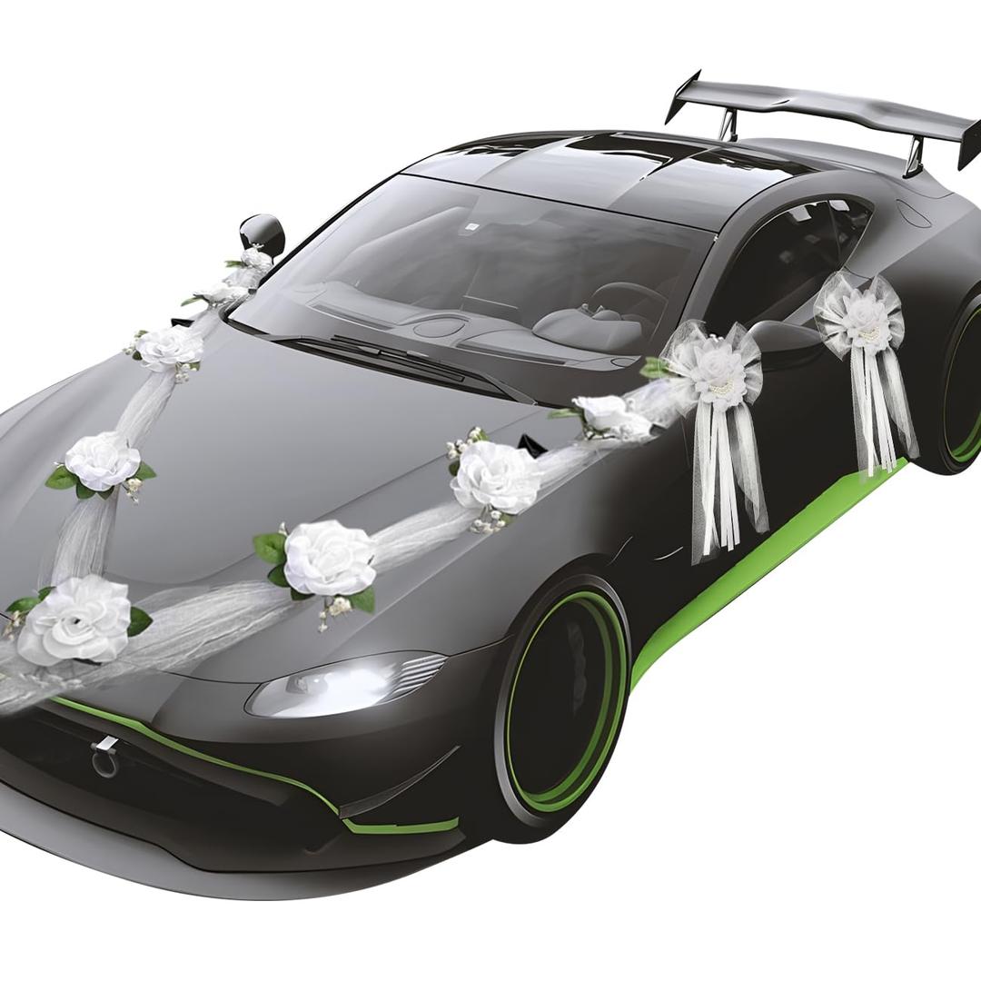 WAYUTO Artificial Wedding Car Decorations Kit Wedding Car Decor Flowers Wedding Car Ribbon Bows Wedding Car Flower Decorations for Wedding Party