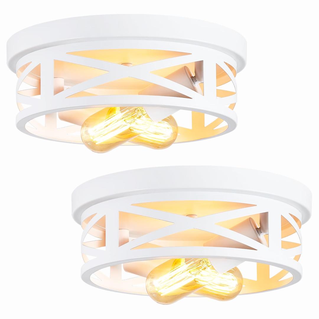 2 Pack Flush Mount Ceiling Light,White Hallway Light Fixtures Ceiling Metal Cage Ceiling Light Fixtures Flush Mount,Light Fixture Ceiling Mount for Kitchen Entryway Hallway,E26 Base