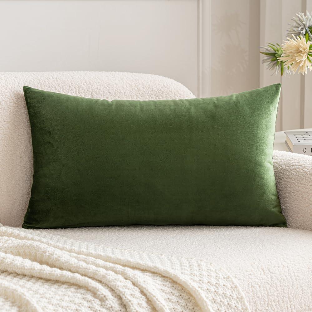 MIULEE Velvet Soft Solid Decorative Square Throw Pillow Covers Set Cushion Case for Spring Sofa Bedroom Couch 12 x 20 Inch Moss Green