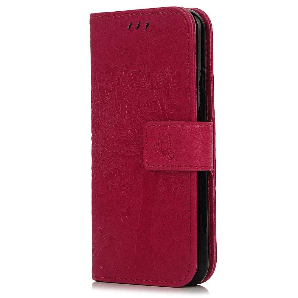 YOKIRIN iPhone 6 Case,iPhone 6S Case (4.7 inch), Soft PU Leather Notebook Wallet Tree Embossed Cases with Kickstand Function Card Holder and ID Slot Slim Flip Protective Skin Cover Rose Red