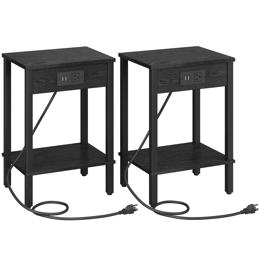 Set of 2 End Table with Charging Station, Narrow Side Table with USB Ports and Outlets, Nightstands with 2-Tier Storage Shelves, Sofa Table for Small Space Living Room Bedroom