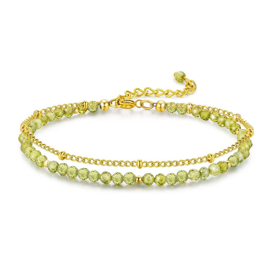 Handmade Layered Bracelets for Women, Natural Peridot Gemstone Birthstone Gold Bracelets Birthday Gifts for Women Girls Girlfriend Mom Daughter Her, with Jewelry Box.