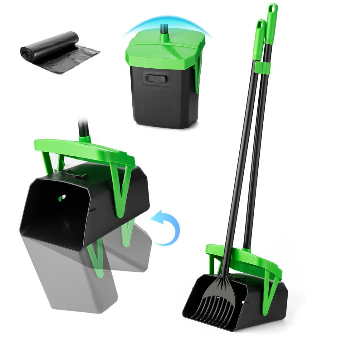 Pooper Scooper Swivel Bin & Rake with 20 Waste Bags, Dog Pooper Scooper with Bag Attachment for Large Medium Small Dogs, Poop Scooper with Lid for Lawn Yard Dog Kennel