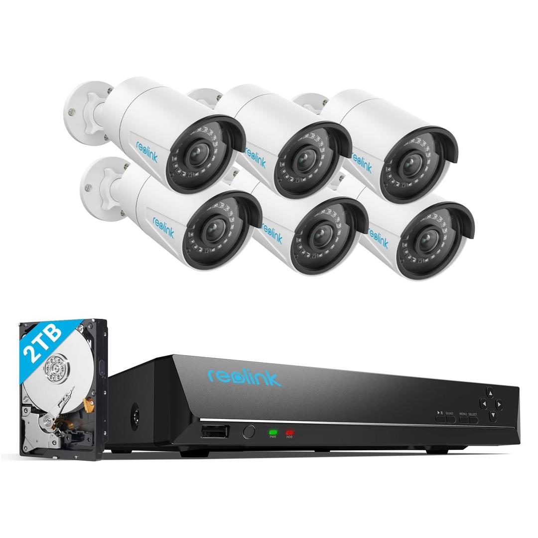 REOLINK 8CH 5MP Home Security Camera System, 6pcs Wired 5MP Outdoor PoE IP Cameras with Person/Vehicle/Pet Detection, 4K/8MP 8CH NVR with 2TB HDD for 24-7 Recording, RLK8-410B6-5MP