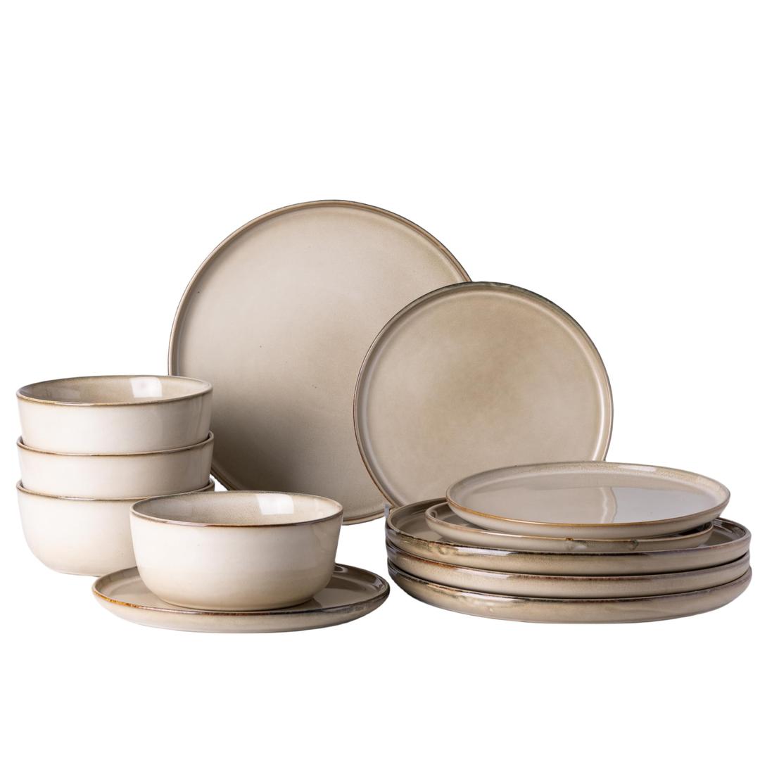 Ceramic Dinnerware Sets for 4, 12 Pieces Stoneware Plates and Bowls Sets, Chip and Scratch Resistant Dishes, Dishwasher & Microwave Safe, Reactive Glaze-Cappuccino