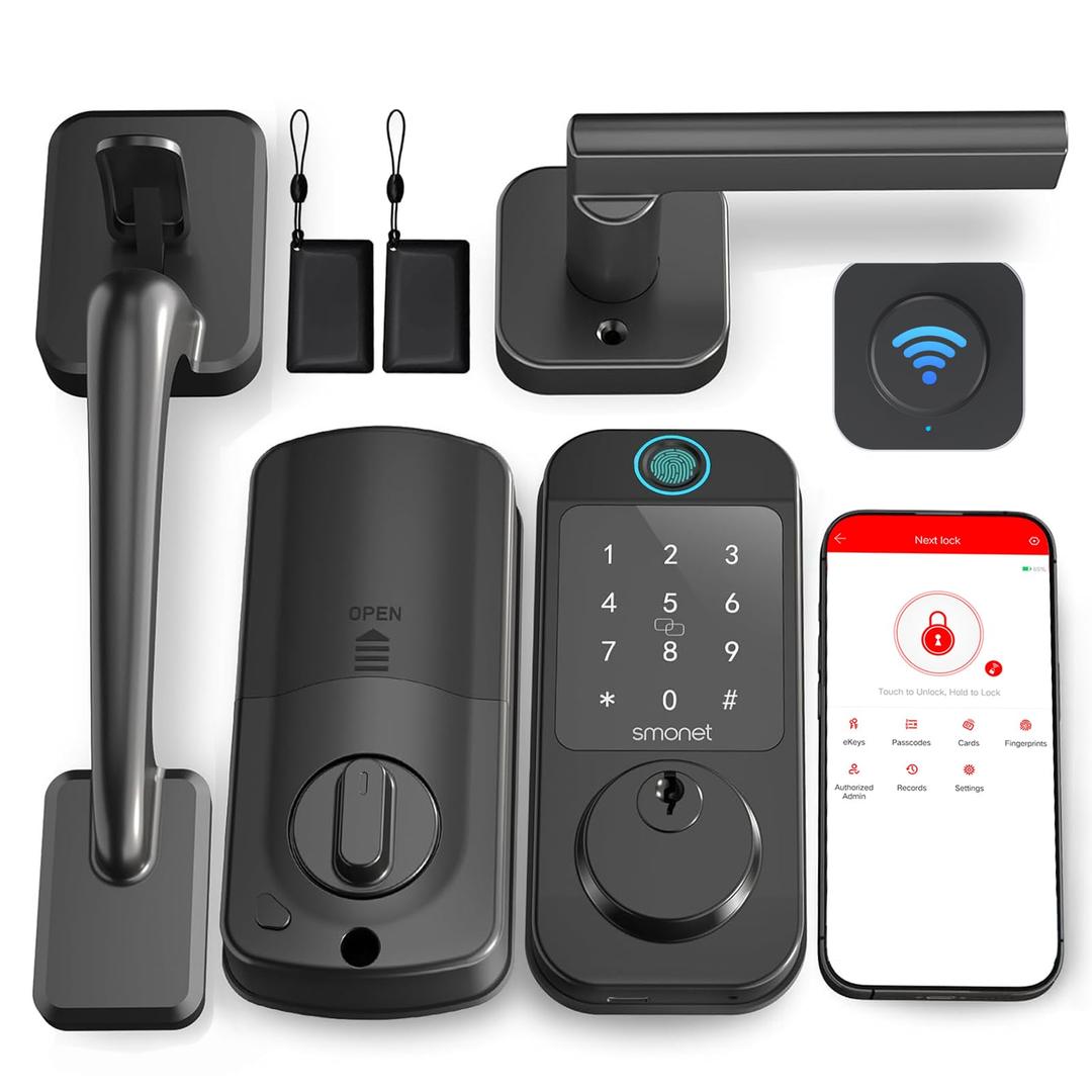 Keyless Entry Door Lock Deadbolt with Handle Set - SMONET Fingerprint WiFi Smart Locks, Digital Remote Control Keypad Bluetooth Alexa Deadbolt Lockset with Auto Lock Code Fob App Black