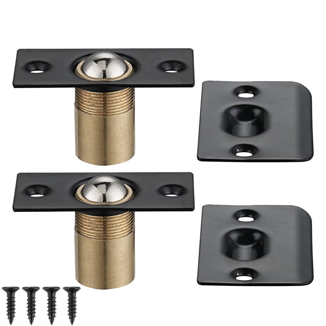 JQK Closet Door Ball Catch Hardware, Stainless Steel Catch Adjustable with Strike Plate, Black Finish 2 Pack, HBC100-BK-P2