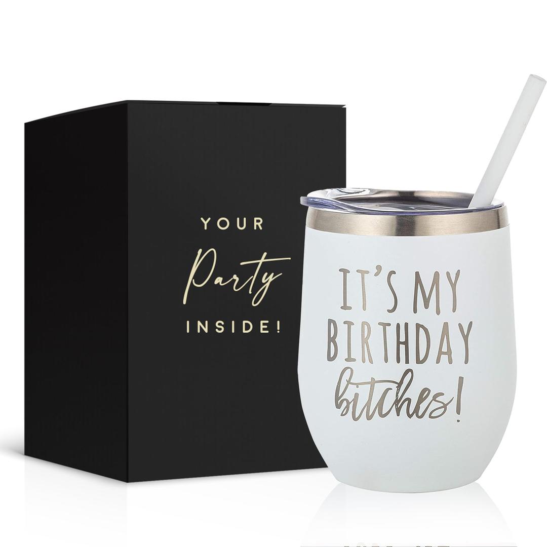 Birthday Bitch Wine Tumbler - Fun and Sassy Stainless Steel Birthday Wine Glass for Women, Unique Birthday Cups & Glasses, Insulated Wine Cup Tumbler, Perfect Birthday Tumbler Gift for Women, 12 oz