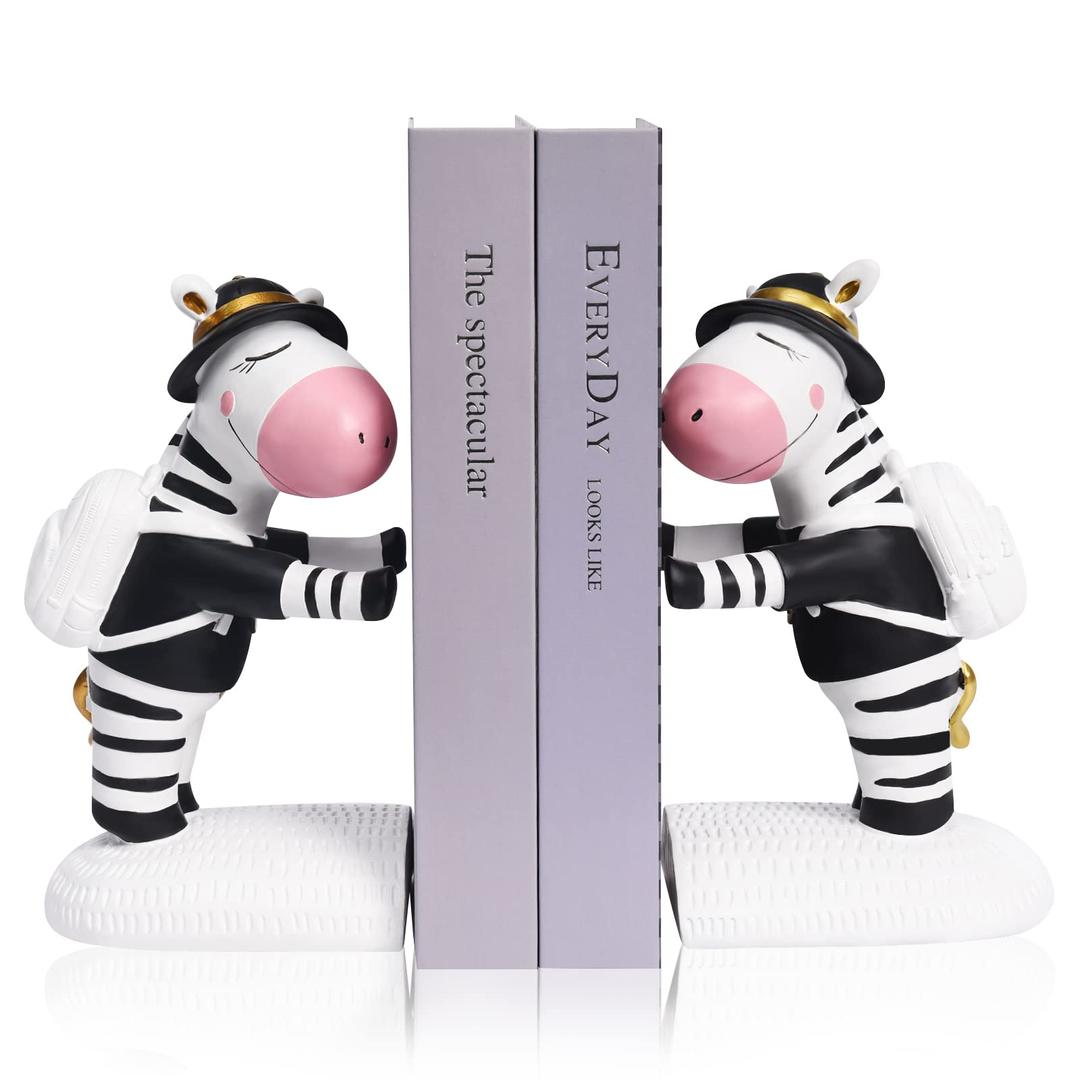 Quoowiit Decorative Bookends for Kids, Zebra Bookends for Shelves, Kids Bookends for Home Office Decor, Non-Slip Cute Bookends Books Holder Table Top, Book Ends for Kids Room(1Pair, 2-3Lbs)-Black