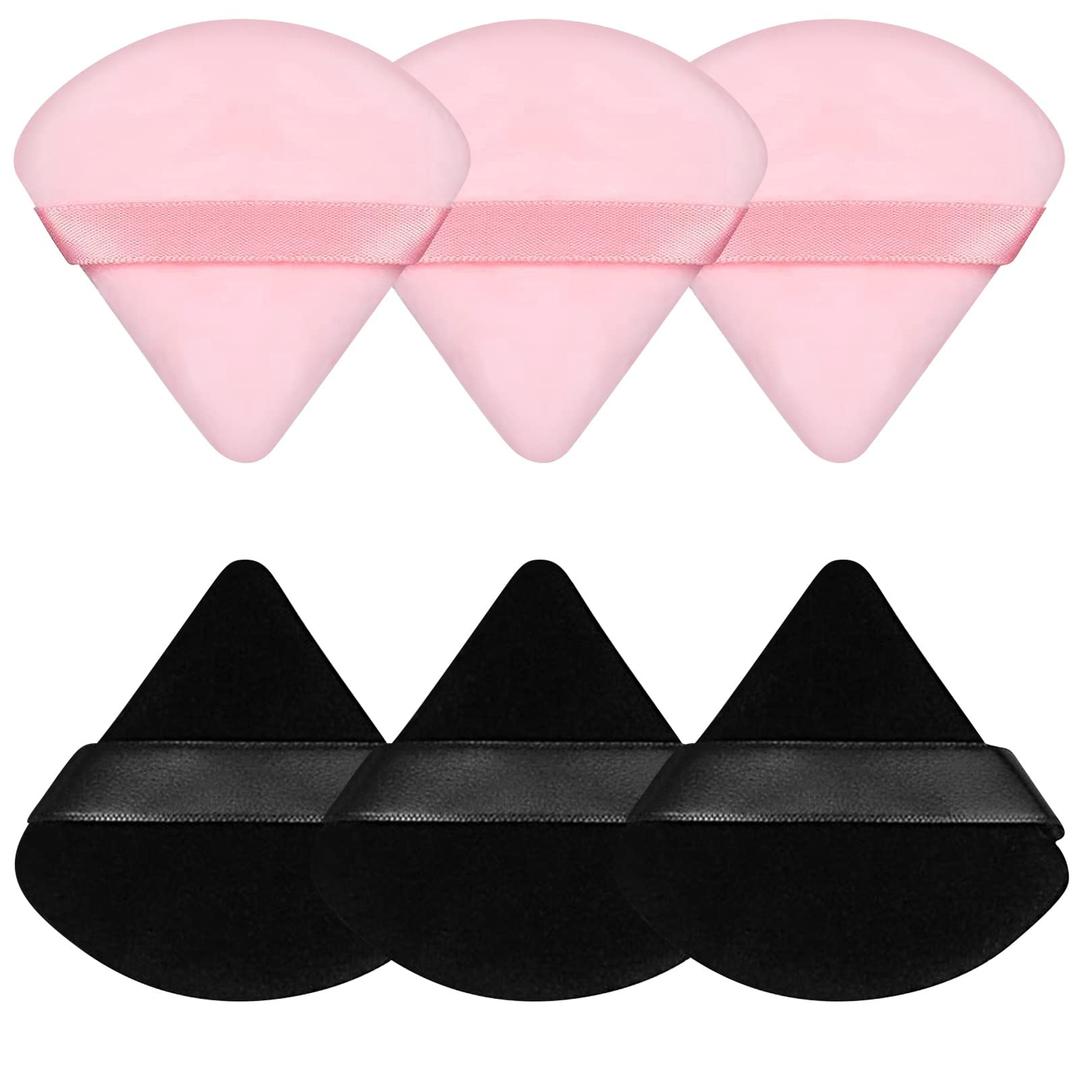 Pimoys6 Pieces Powder Puff Face Makeup Sponge Soft Velour Triangle Powder Puffs for Loose Powder Setting Powder Cosmetic Foundation Beauty Sponge, Stocking Stuffers Gift for Women (Black, Pink)