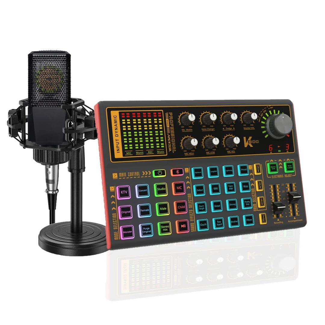 K300 Sound Effects Board Set, LED Light Voice Changer Sound Card with Multiple Sound Effects - Podcast Equipment Bundle for Live Streaming/Laptop Computer Vlog/Living Broadcast YouTube or TikTok