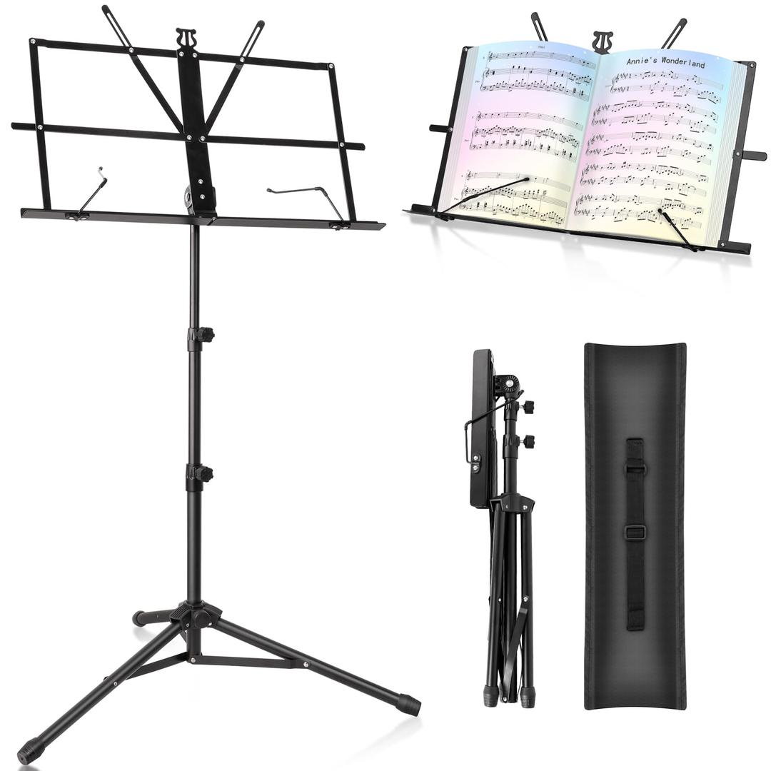 Music Stand for Sheet Foldable with Carrying Bag, New bee Metal Sheet Music Stand Portable, Adjustable Podium Stand with Tripod Base and Sheet Music Folder - Black