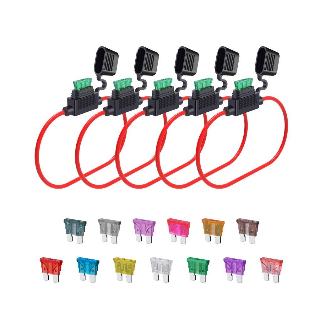 12 Gauge Fuse Holder ATC/ATO, SIM&NAT 5 Packs in-Line Automotive Blade Fuse Holder with 65PCS Standard Car Fuses, 1A 2A 3A 4A 5A 7.5A 10A 15A 20A 25A 30A 35A 40A Automotive Replacement Fuses