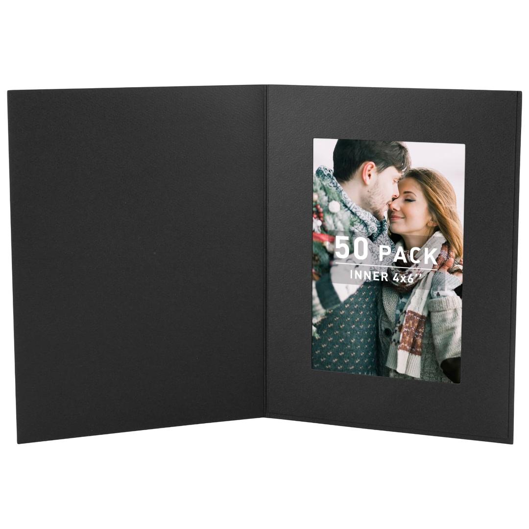 Golden State Art 50 Pack of 4x6 Photo Folders, Black, Acid Free Cardstock, Blank Inside to Write Personalized Message, Multi-Purpose for Weddings, Graduations, Christmas, Holidays