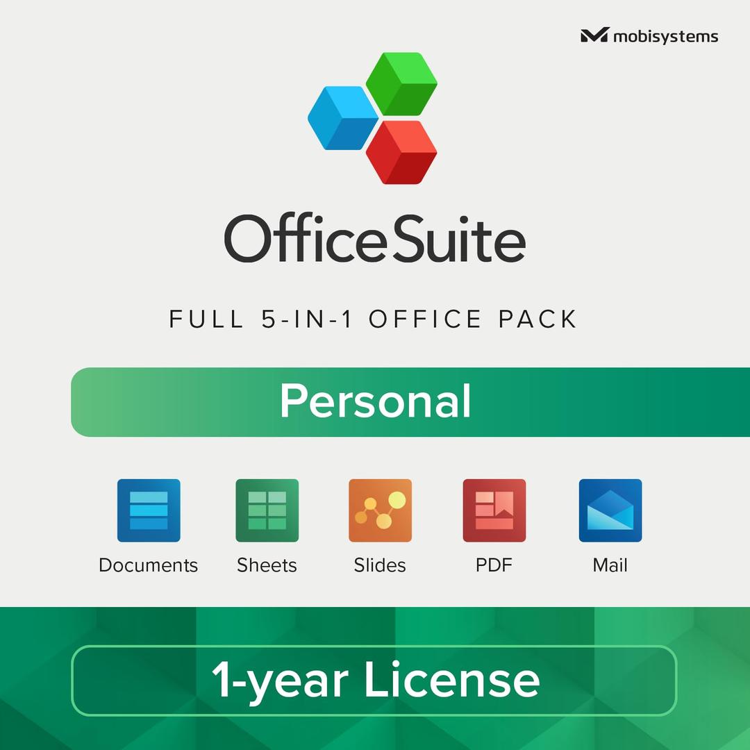 MobiSystemsOfficeSuite Personal Compatible with Microsoft® Office Word Excel & PowerPoint® and Adobe PDF for PC Windows 11 / Windows 10 - 1-year license, 1 user