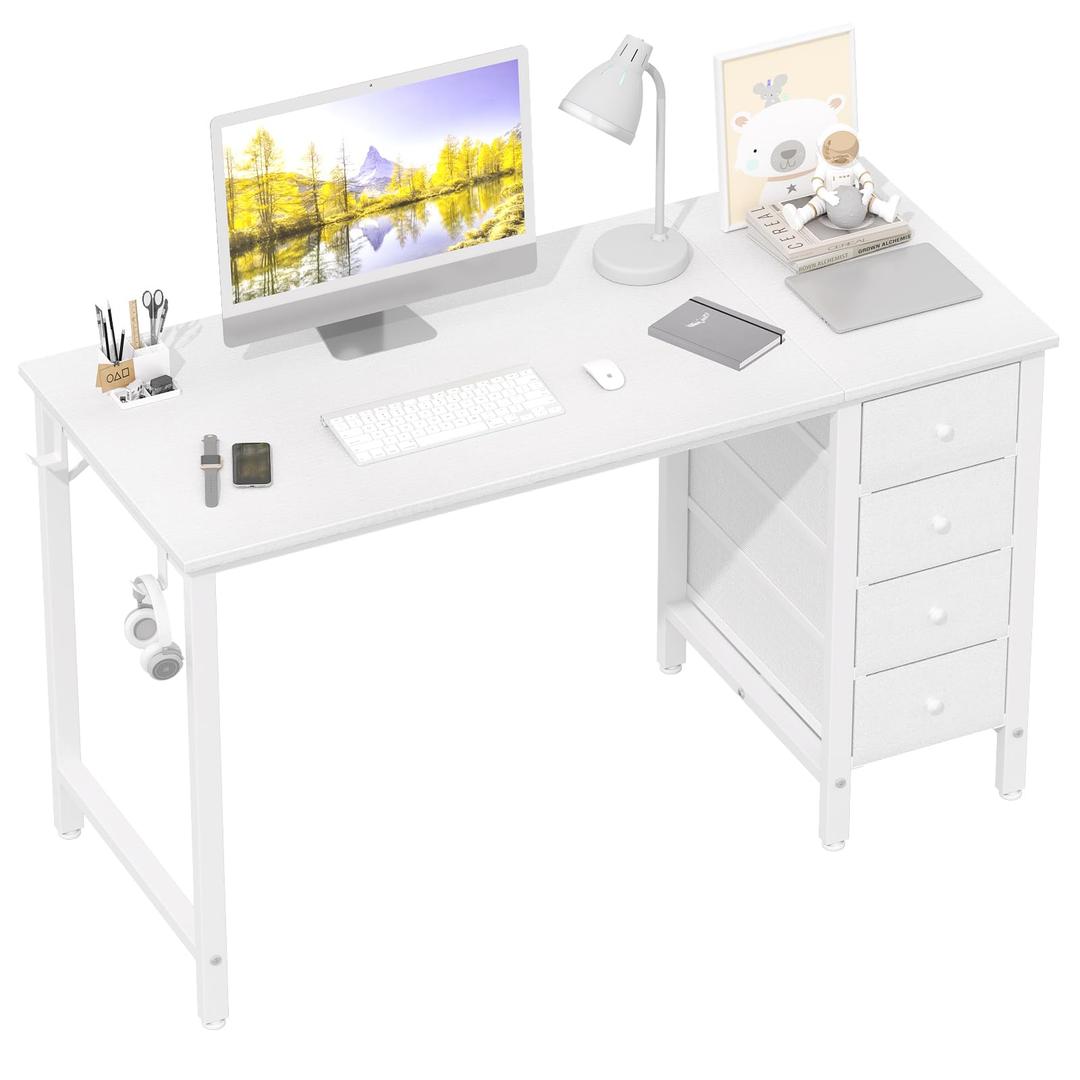 Lufeiya White Computer Desk with Fabric Drawers, 47 Inch Study Work Writing Desk for Home Office Bedroom, Simple Modern Cute PC Desks with Drawer, White