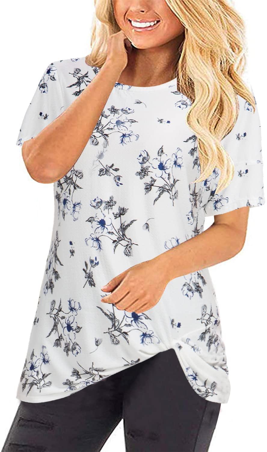 XpenyoWomen's Short Sleeve Tops Knot Twist Front Floral Tops Loose T Shirt Summer Tops Blouses Tunic