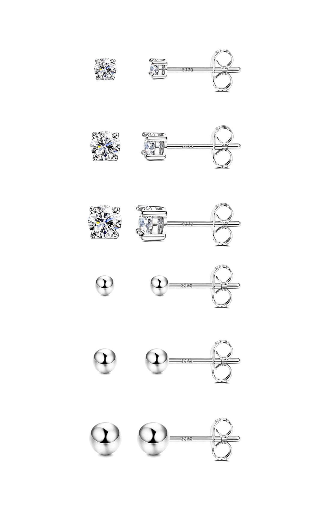 Hayoso6 Pairs Sterling Silver Stud Earrings for Women, Cubic Zirconia Stud Earrings, Tiny Ball Stud Hypoallergenic Earrings, Small Tragus Cartilage Earrings Set for Men 2mm,3mm,4mm