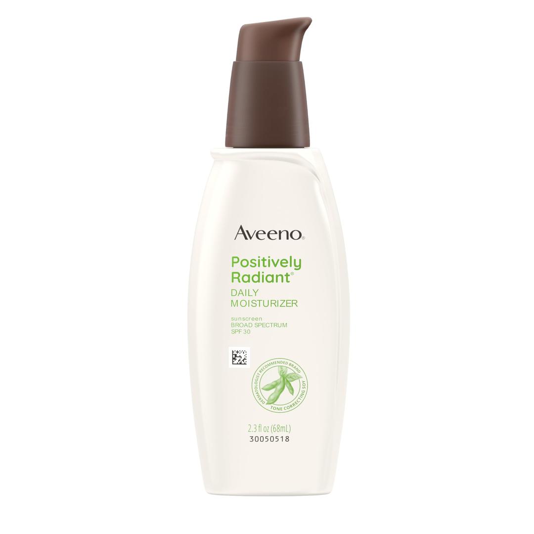 AveenoPositively Radiant Face Moisturizer with SPF 30 Sunscreen, Hydrating Facial Moisturizer with Soy Extract to Visibly Improve Skin Tone and Texture, Hypoallergenic Formula, Oil-Free, 2.3 FL OZ