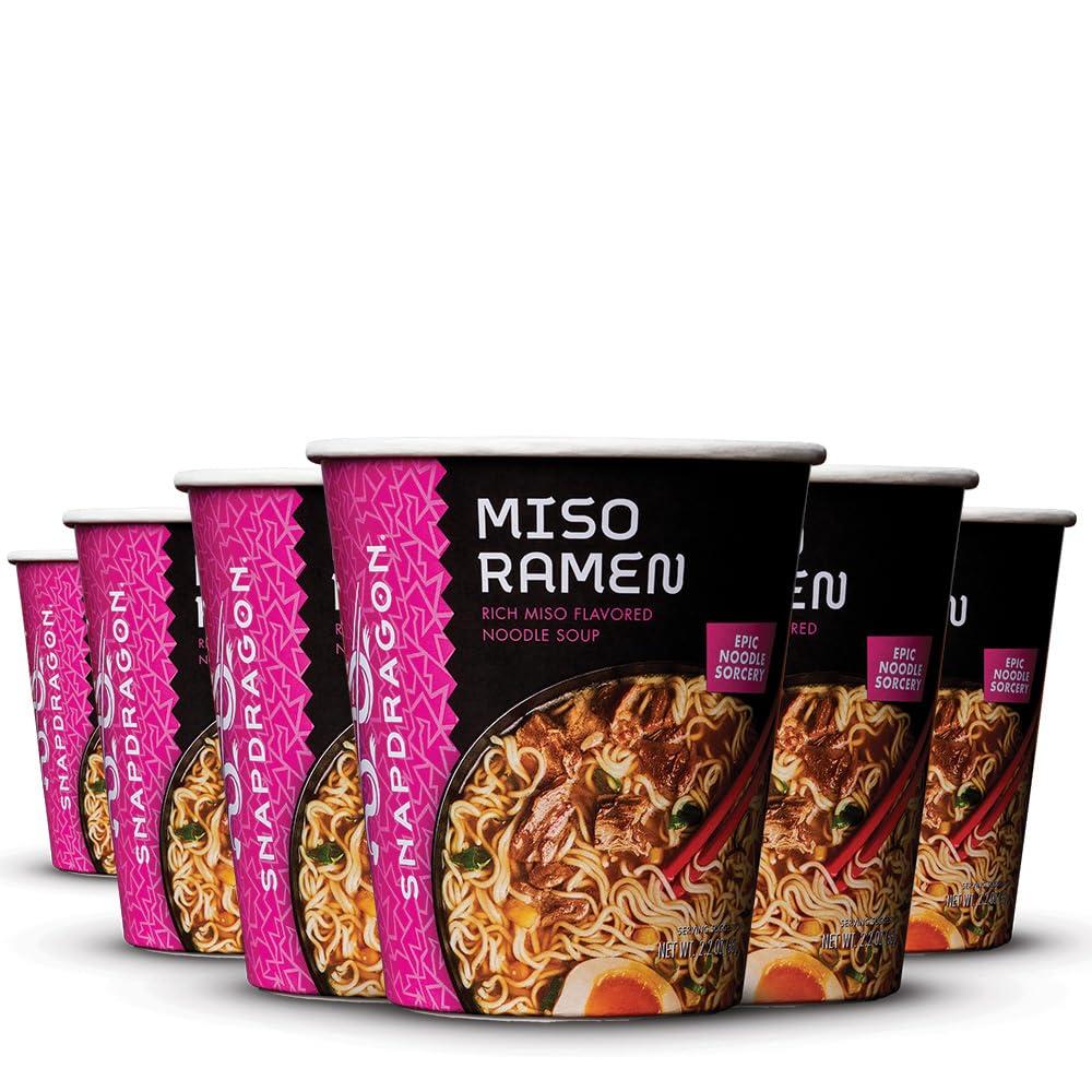 Snapdragon Miso Ramen Six Pack - Rich Miso Broth With Authentic Ramen Noodles Satisfy Your Craving, Includes Six 2.2 oz Cups