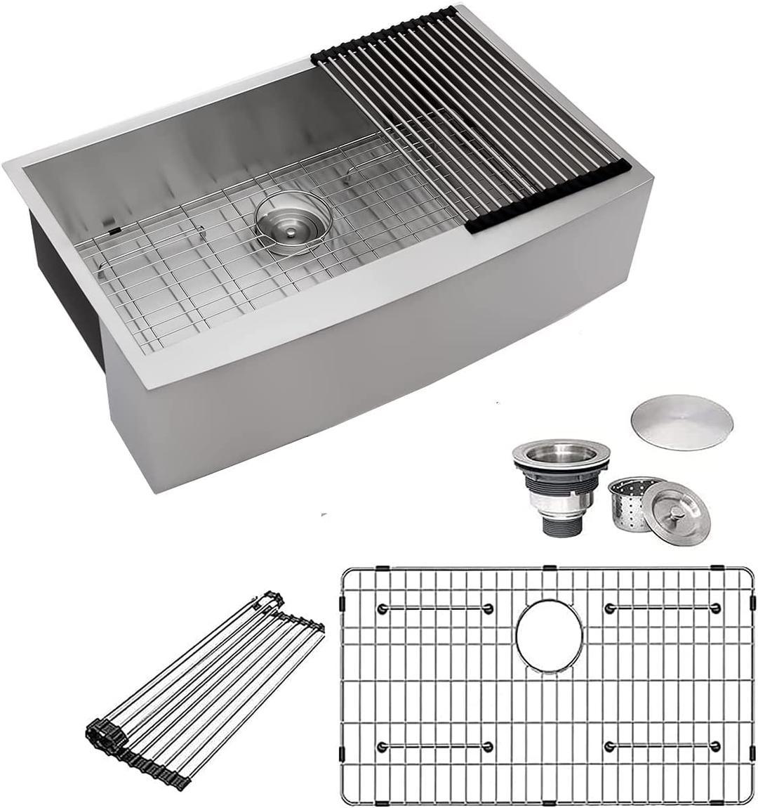 33 Inch Farmhouse Kitchen Sink Apron Front Stainless Steel 16 Gauge Single Bowl Fam Style Kitchen Sink Basin, 33"x21"x9"