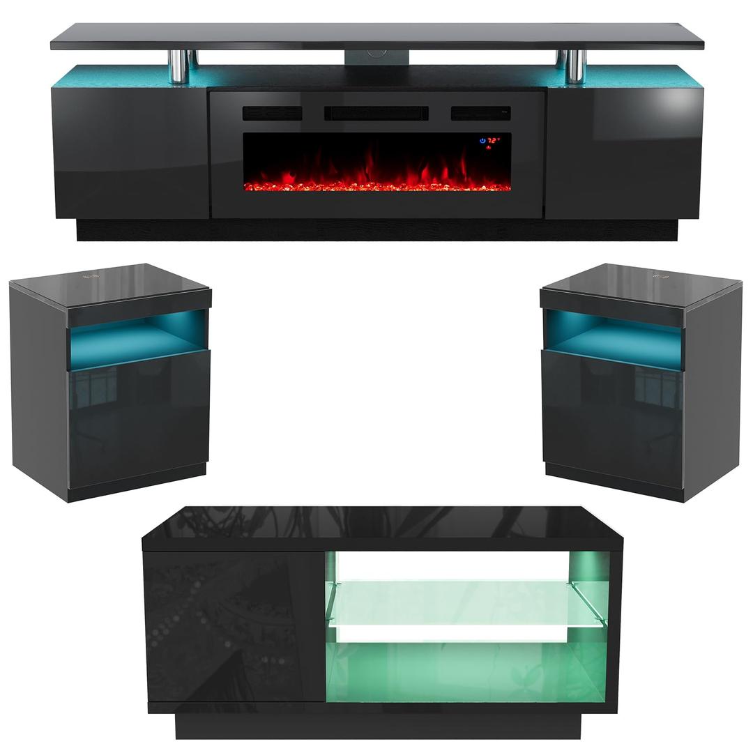 AMERLIFE Modern High Gloss Living Room Table Sets of 5, Include 70" 2-Tier Fireplace TV Stand, Coffee Table with Glass Shelves, 2 X Side Tables with Charging Station, LED Media Furniture, Black