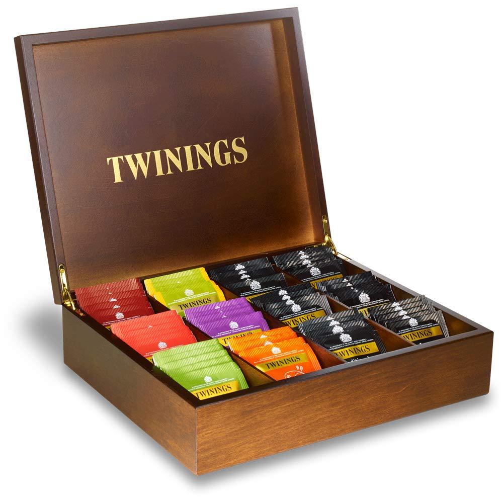 Twinings Exclusive Luxury Dark and Gold Wooden 12 Compartment Large Wooden Tea Chest Caddy with 100 Individually Wrapped Tea Bags