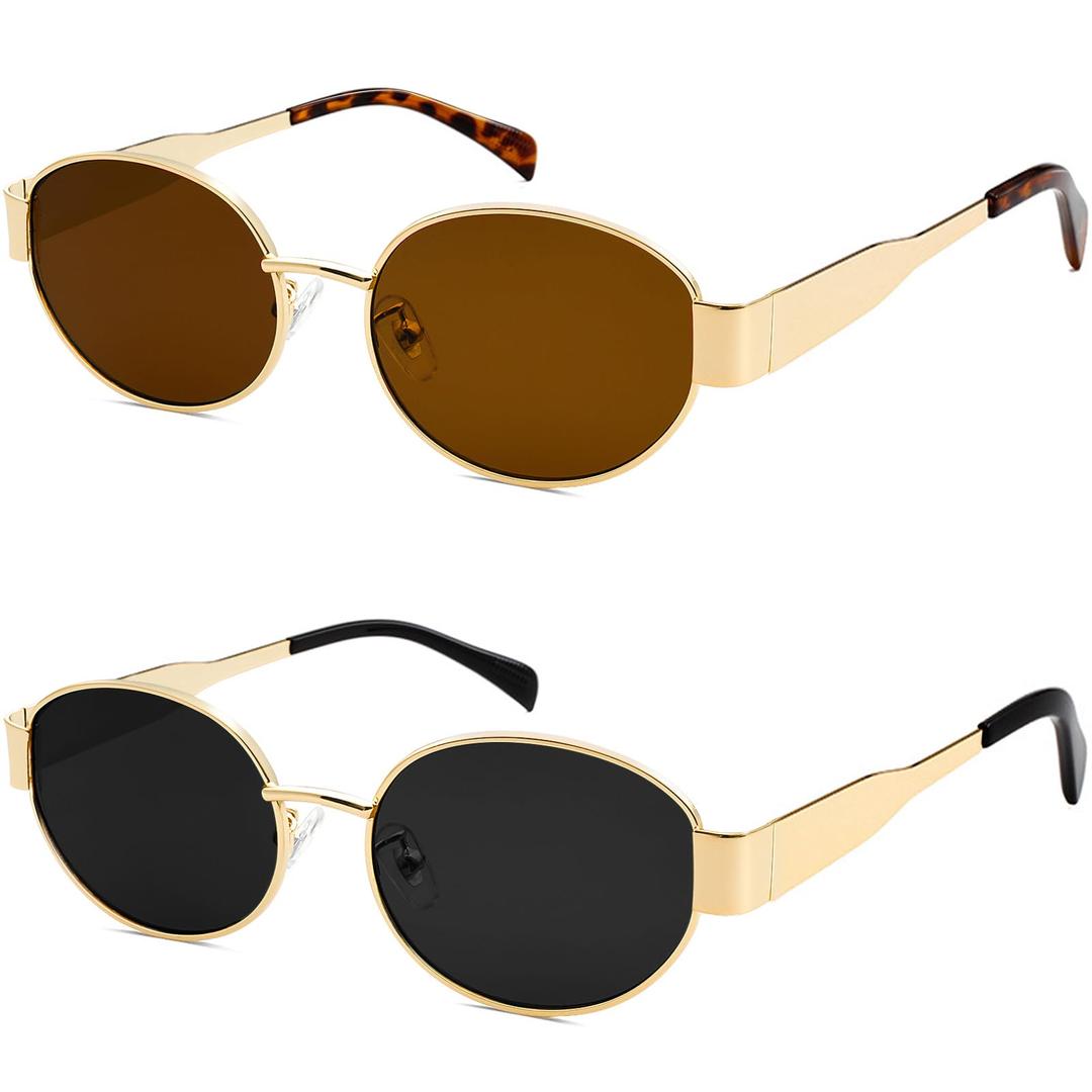 knliwkm2 Pack Gold Retro Oval Sunglasses for Women Trendy Fashion Designer Dupes Shades Vintage 90s Sun Glasses