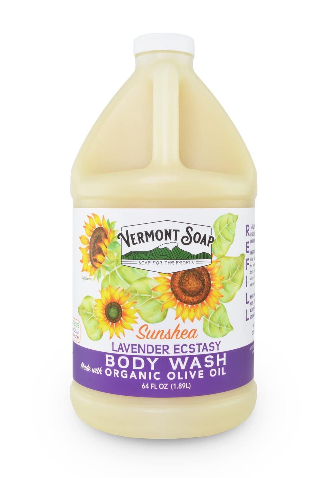 VERMONT SOAPNatural Body Wash with Shea Butter, Mild Gel Body Wash for Moisturizing and Soothing Skin, Fragrance Free Body Wash for Women & Men (Lavender Ecstasy, 64oz)