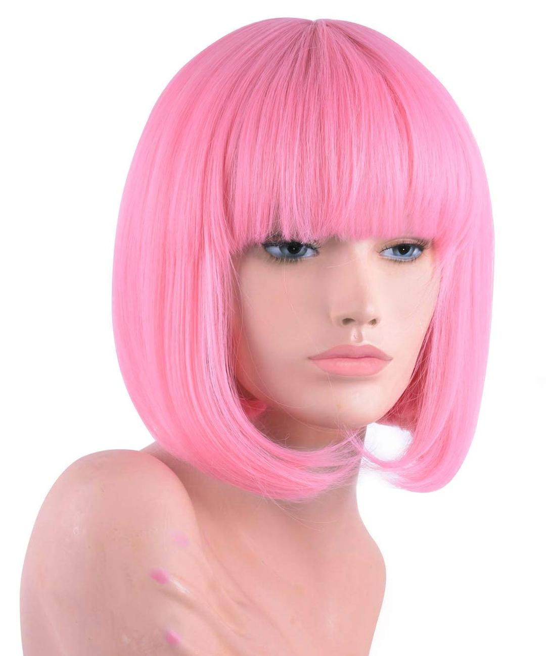 (Pink) - Pastel Pink Short Bob Wig with Bangs for Women 30cm Shoulder Length Heat Resistant Soft Synthetic Pink Wigs (Pink)