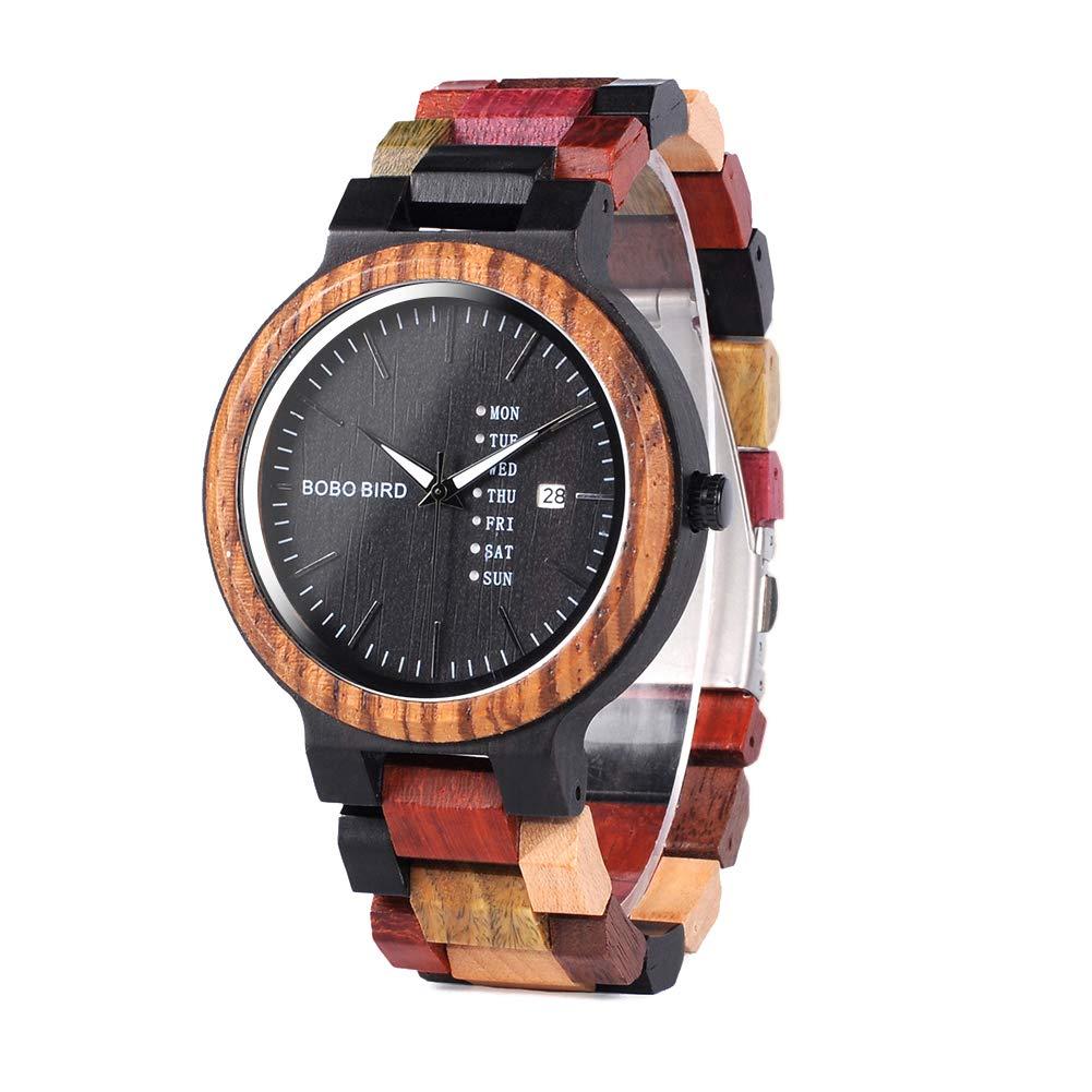 BOBO BIRDMens Colorful Wooden Watches Analog Quartz Week Date Display Wood Watch Handmade Sport Casual Wristwatch with Gifts Box