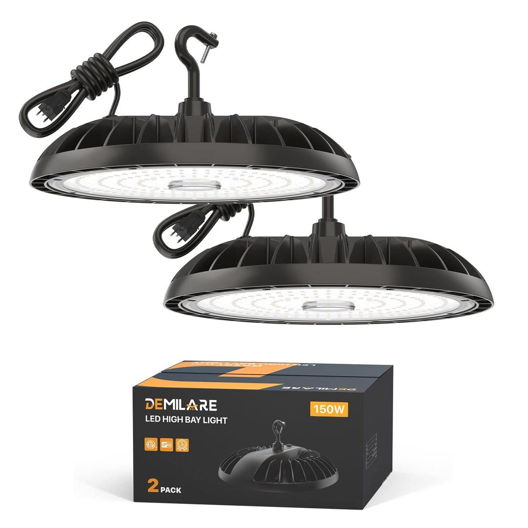 2 Pack LED High Bay Light 150W, 5000K, 22500 lm, IP65 Waterproof, Commercial Lighting for Warehouse, Workshop, Garage, Barn