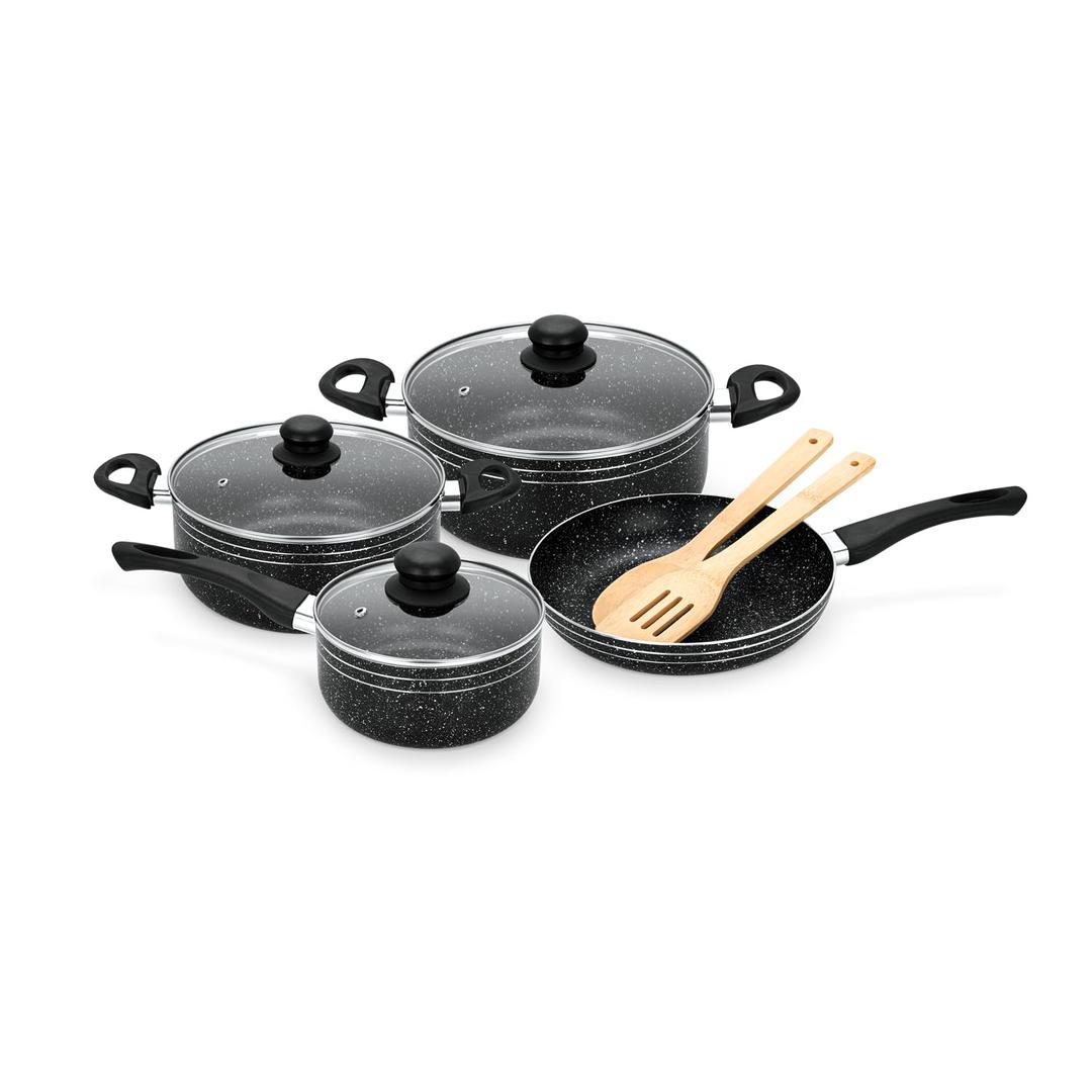 Royalford 9pcs Ritz Plus Cookware Set RF12514 Marble Coated and Press Aluminum Body, with Dot Induction Base, Bakelite Handles and Lid Casseroles, Saucepan, Bamboo Kitchen Tools and Fry Pan