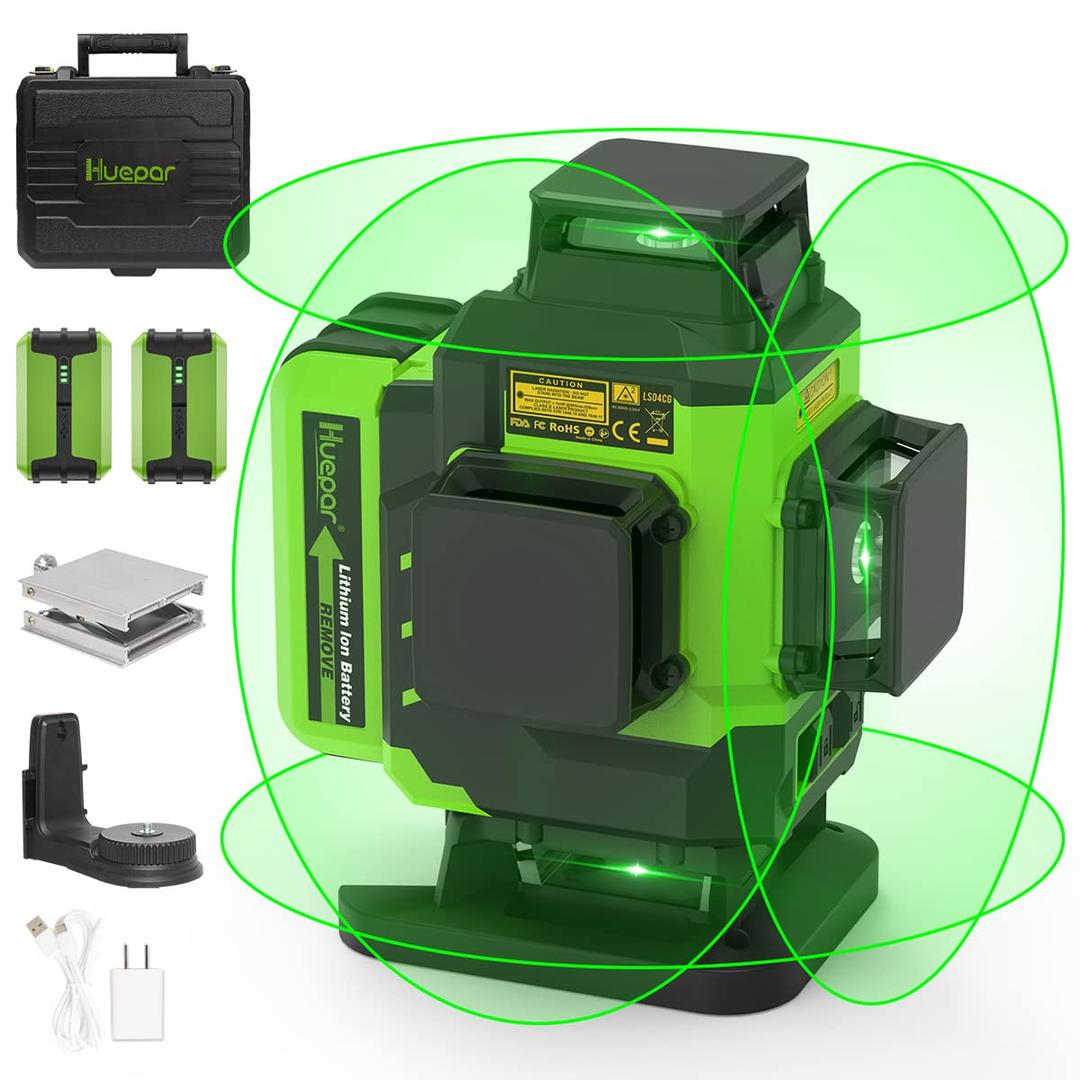 Huepar Laser Level, Self-leveling 16 Lines Green Beam 4D Cross Line Tiling Floor Laser Tool-2 x 360 Horizontal & 2 x 360 Vertical Laser Lines with Two Li-ion Batteries and Hard Carry Case-LS04CG