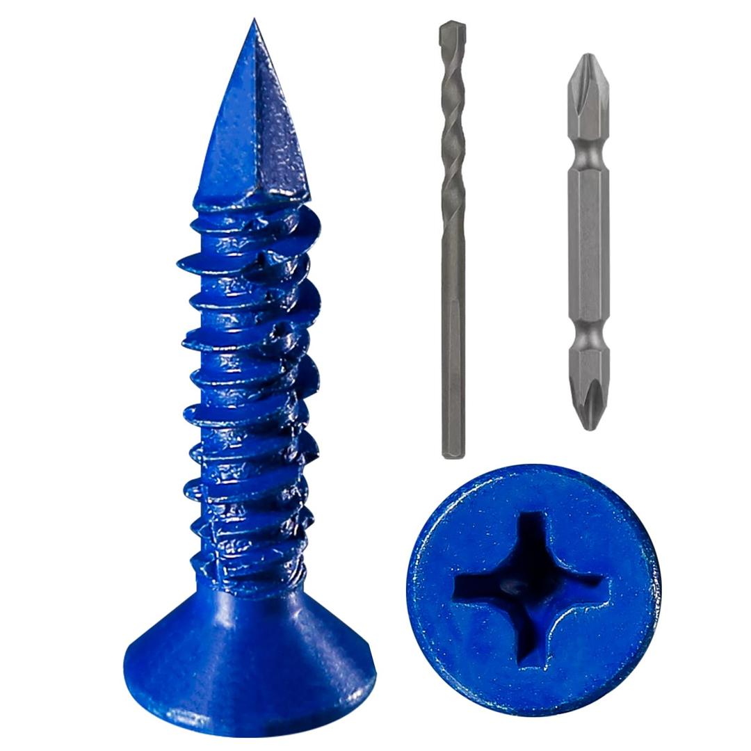 WenSilon(30 PCS) 3/16"x1-1/4 Concrete Screw Anchor Blue Flat Head for Anchoring to Masonry, Block or Brick Stucco