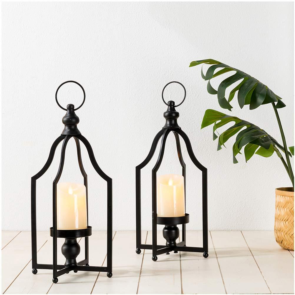 Glitzhome Modern Farmhouse Metal Lanterns Decorative Hanging Candle Lanterns Distressed Black Set of 2 (Small)