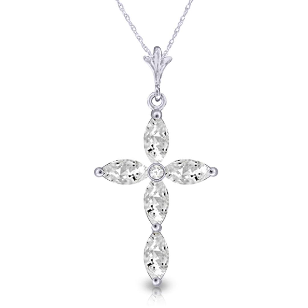 1.23 Carat 14k Solid White Gold Necklace with Genuine Diamond and Natural White Topaz Cross Pendant