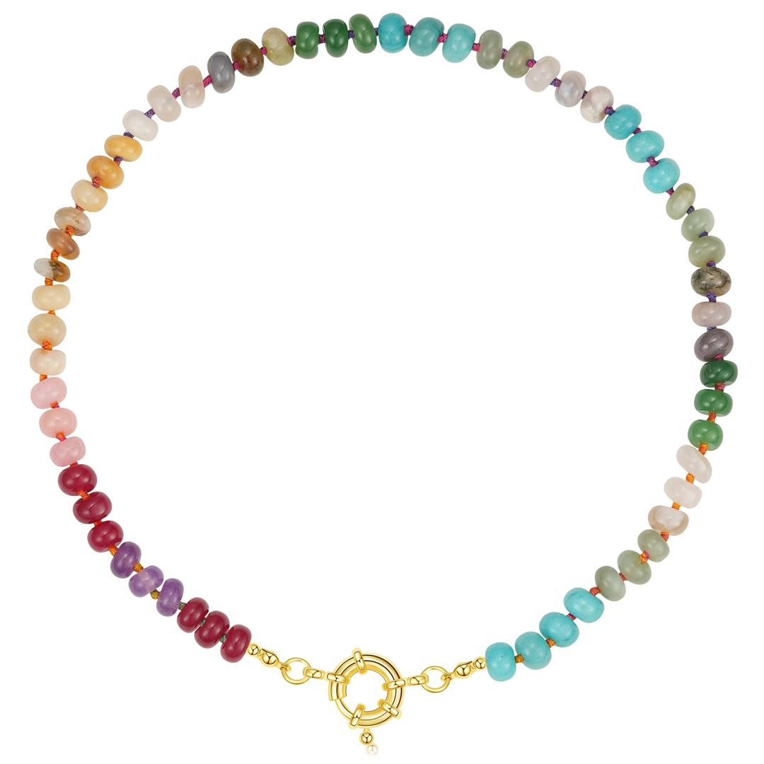 KissYanBeaded Gemstone Necklace for Women, Colorful Boho Bead Choker Necklace Natural Stone Freshwater Pearl Surfer Beach Necklace 14K Gold Plated Summer Handmade Jewelry