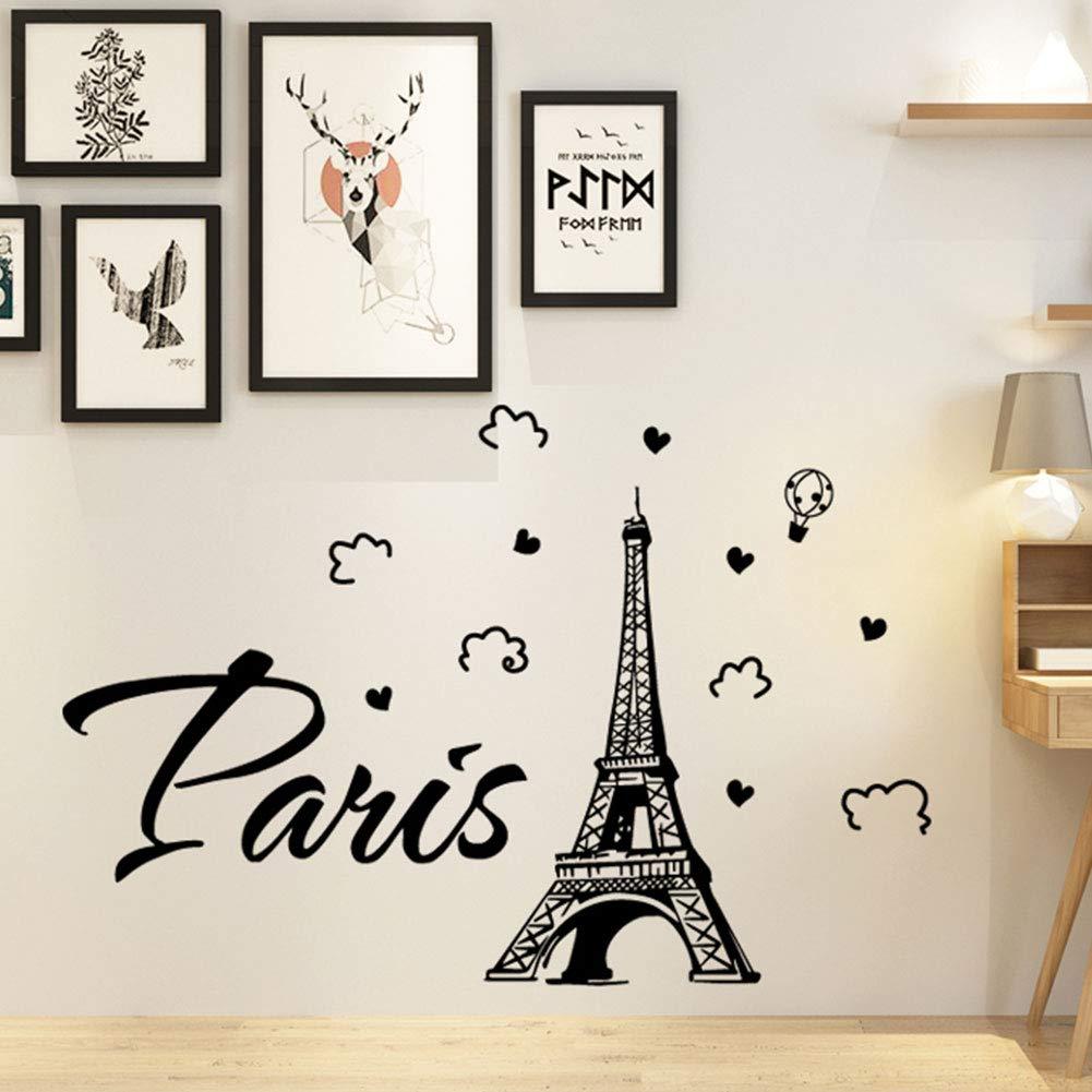 Decor MIWall Decal Stickers Large Black Paris Eiffel Tower Wall Decals Removable Peel and Stick Balloon Clouds Wall Decals Decor for Girls Bedroom, Living Room, Bathroom, Kitchen,Windows